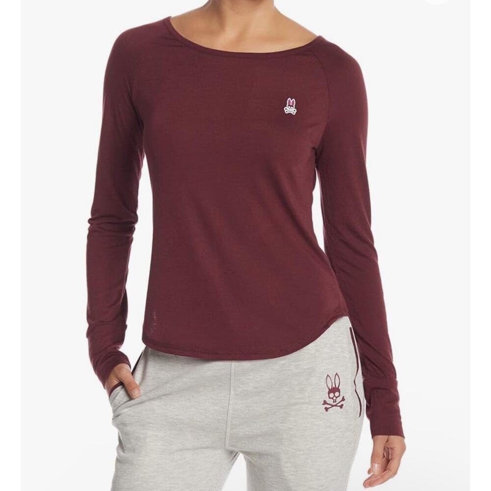 Psycho Bunny Raglan Pajama Long Sleeve Top Women Size‎ Med Winetasting Burgundy - Picture 3 of 3